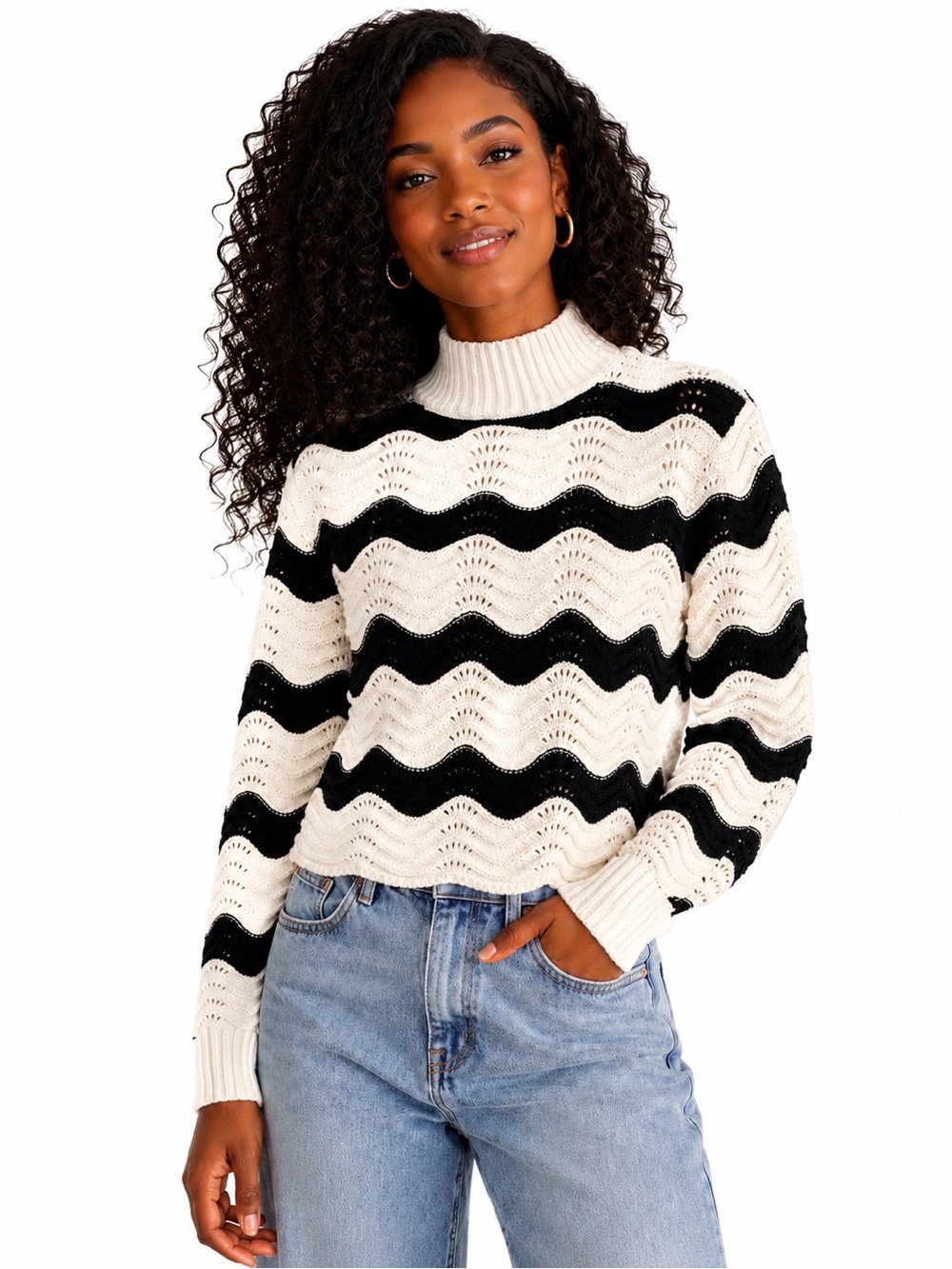 Zara Black & Cream Chevron Mock Neck Knit Sweater | Size M (0032)